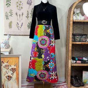 Vintage 60s 70s Velvet Quilted Maxi Dress Mod Retro Whimsigoth Witchy Hippie S